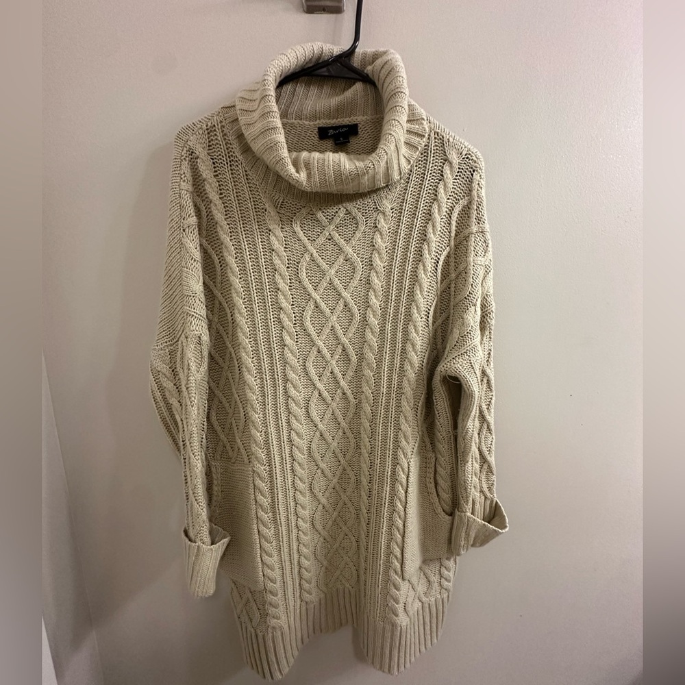 Beige Turtle Neck Sweater Dress Top with Pockets